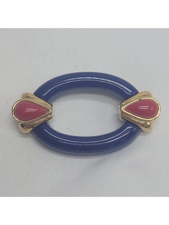 Jewelry - Vintage Gold & Blue Oval Brooch With Red Tear-Drop Accents Retro Pin Style 2"×1"